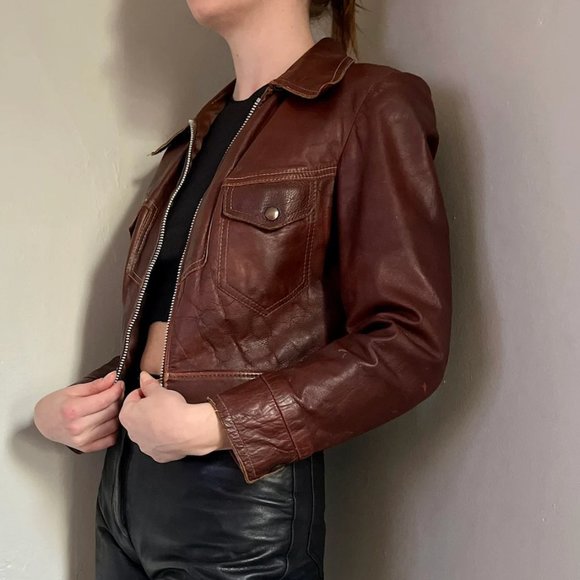 Iconic 70s Brown Leather Bomber Jacket - Picture 7 of 12